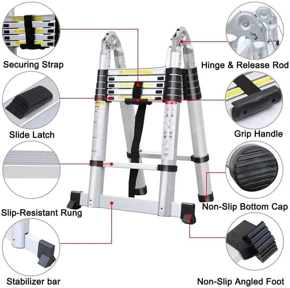 3.8m Aluminium Telescopic Ladder, Multi-Purpose A-Frame & Extension Ladder with Stabiliser Bar, 150kg, EN131