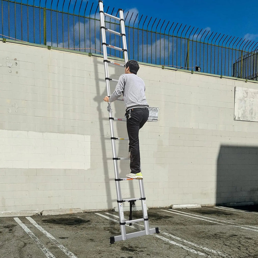 3.8m Aluminium Telescopic Ladder, Multi-Purpose A-Frame & Extension Ladder with Stabiliser Bar, 150kg, EN131