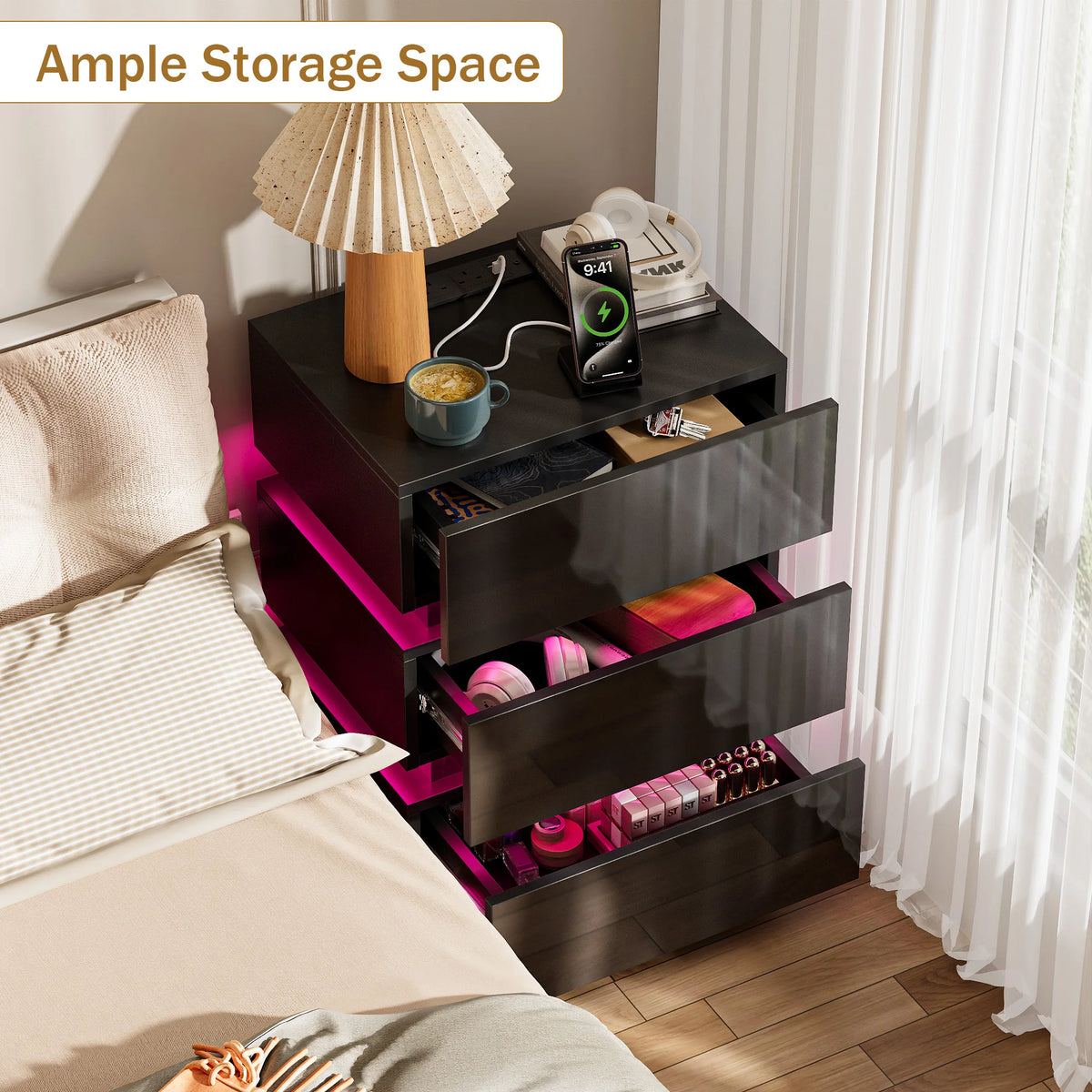 3 Drawer Bedside Table with LED Light & Power Outlets