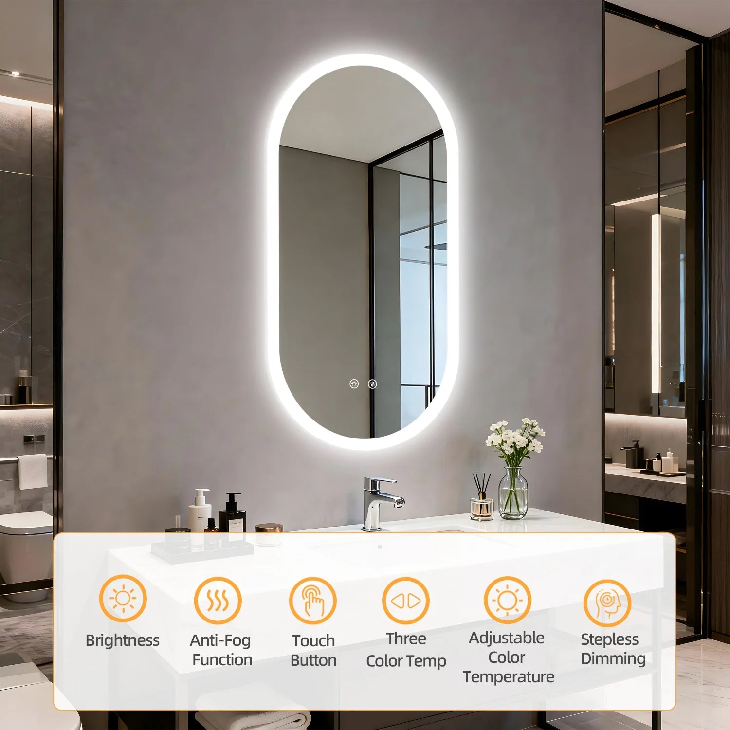 Oval LED Bathroom Mirror – Backlit, Anti-Fog & Touch Sensor | 3 Sizes
