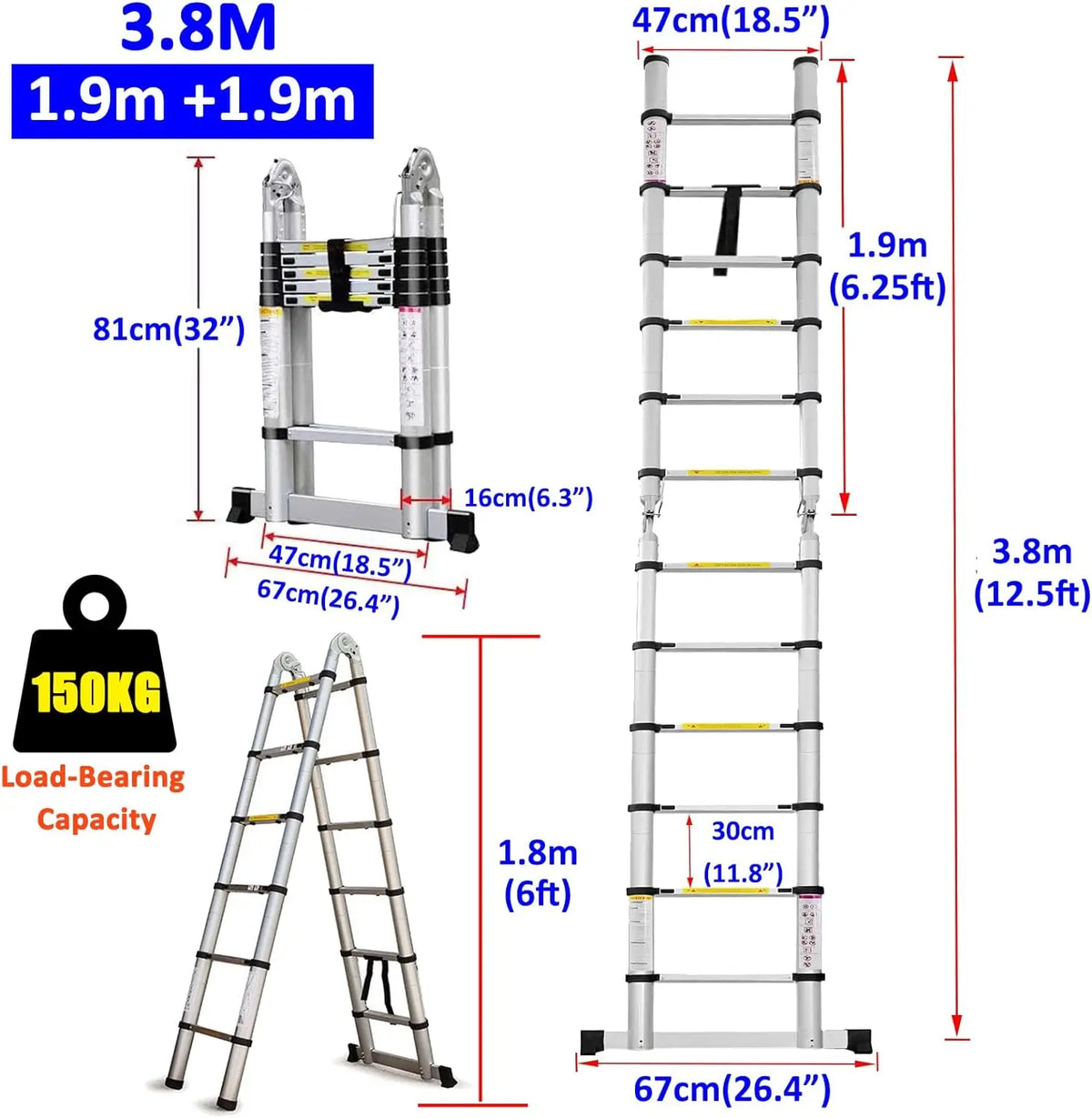 3.8m Aluminium Telescopic Ladder, Multi-Purpose A-Frame & Extension Ladder with Stabiliser Bar, 150kg, EN131