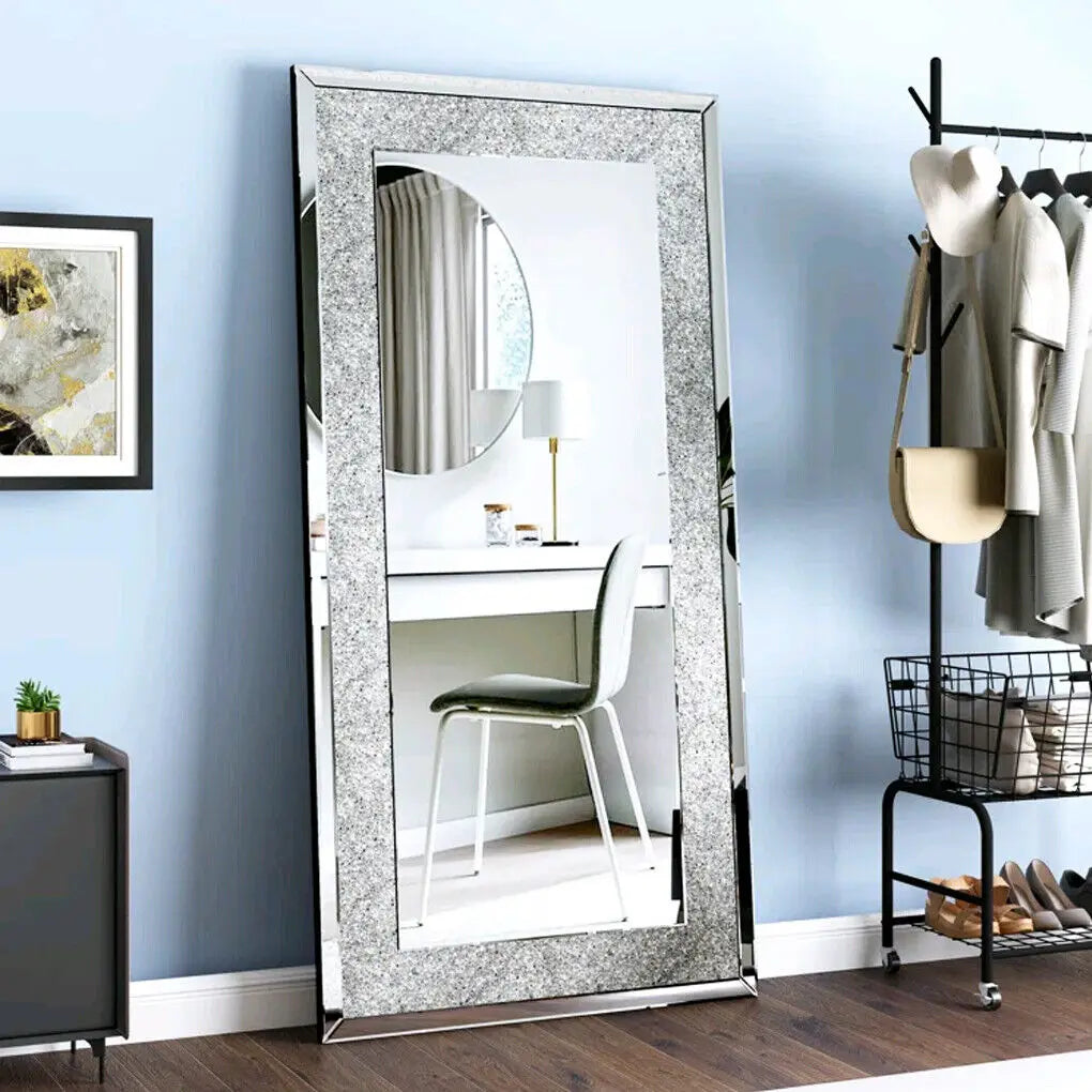 Large Silver Crushed Diamond Wall Mirror, Sparkly Crystal Vanity & Dressing Mirror, 120 x 60 cm