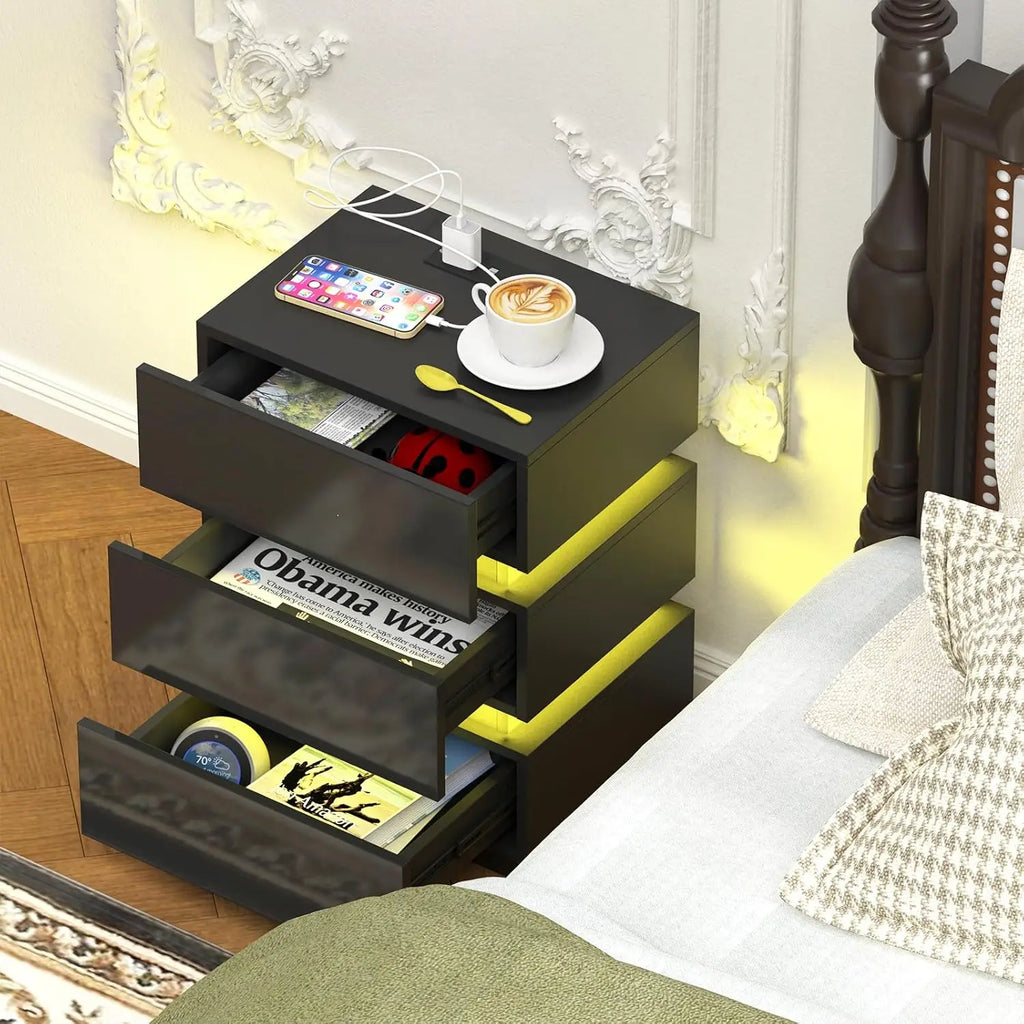 3 Drawer Bedside Table with LED Light & Power Outlets
