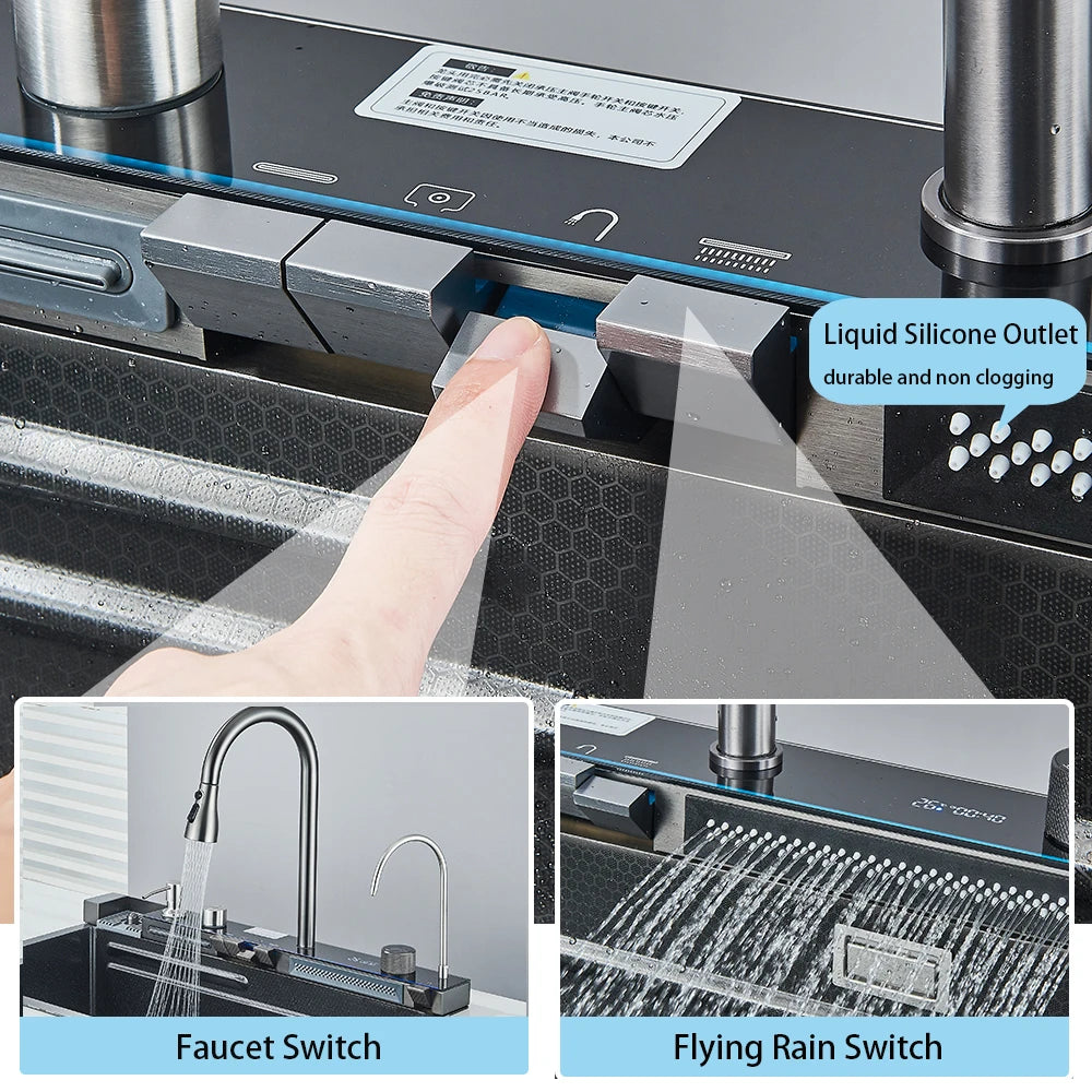 304 Stainless Steel Waterfall Kitchen Sink with Digital Display