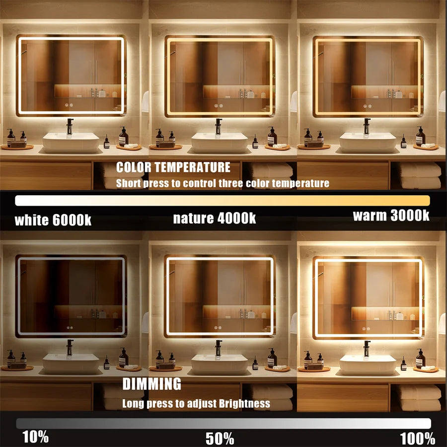 Wall-Mounted LED Bathroom Mirror – IP54 Waterproof, Touch Switch & Dimmable | 3 Sizes