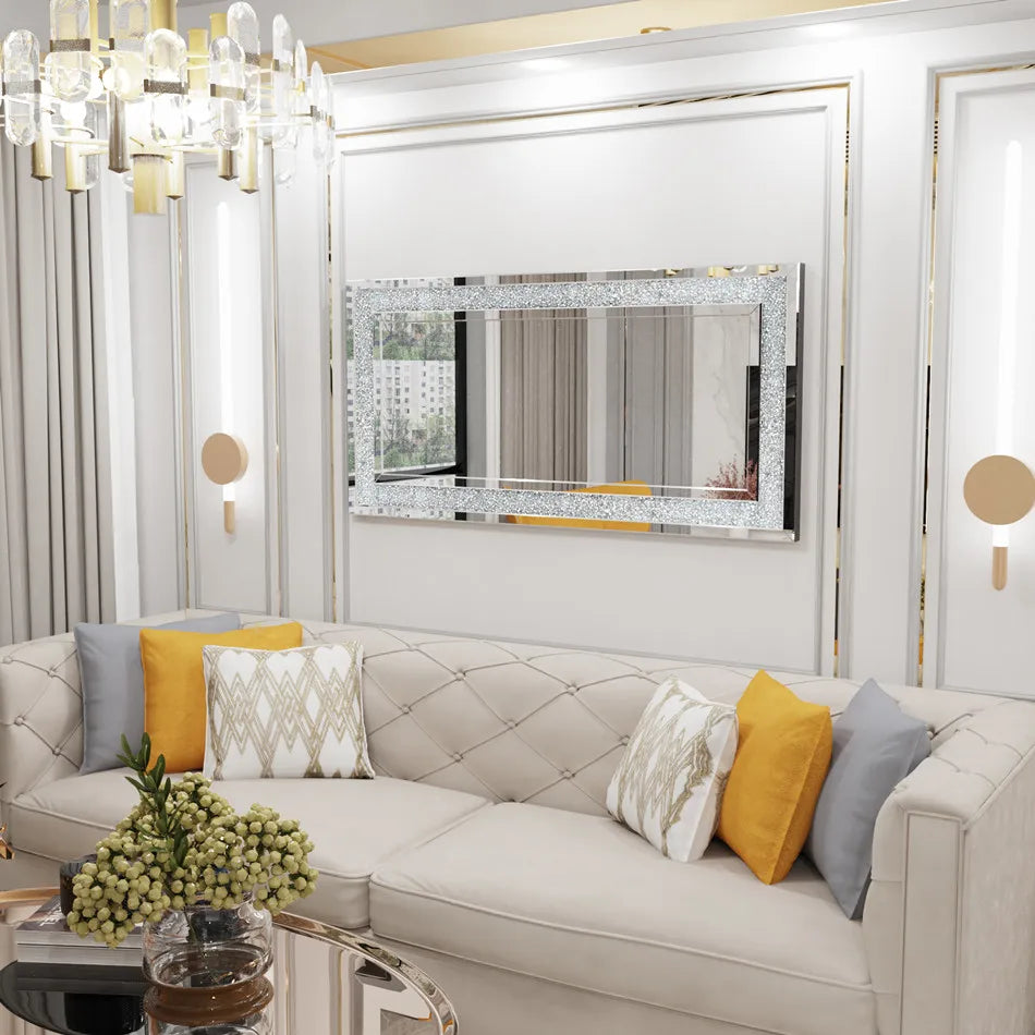 Large Silver Crushed Diamond Wall Mirror, Sparkly Crystal Vanity & Dressing Mirror, 120 x 60 cm