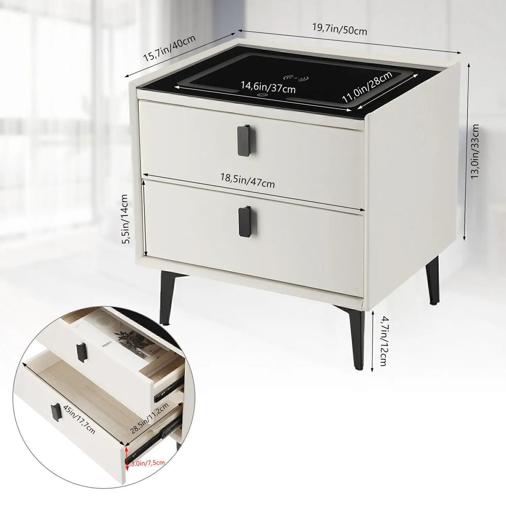 Smart LED Bedside Table with Wireless Charging & 2 Drawers