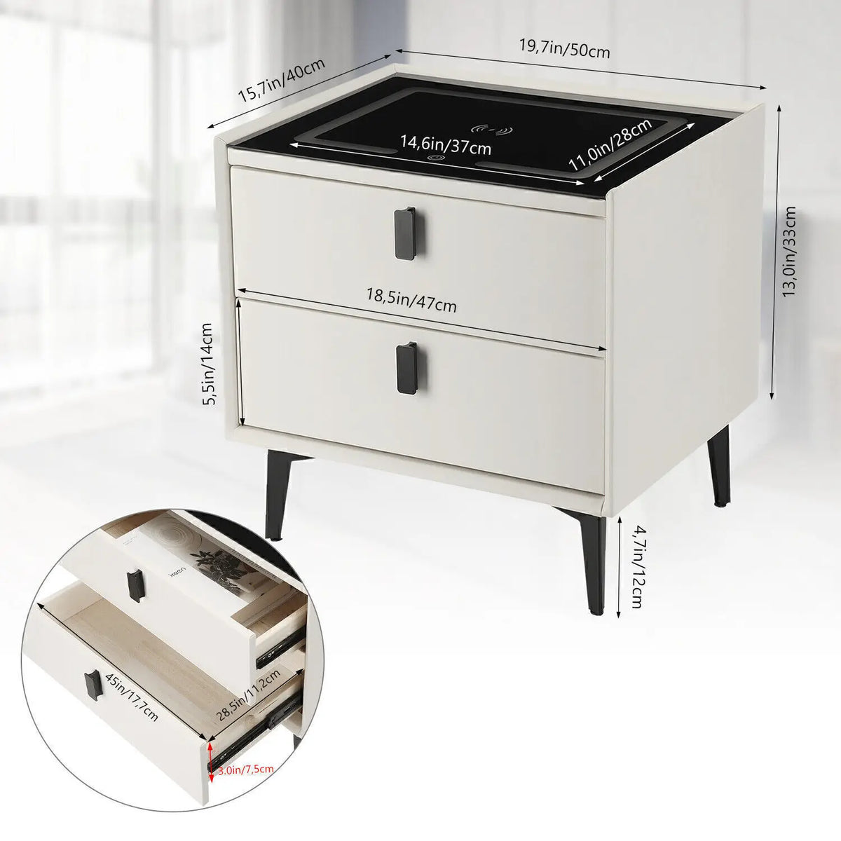 Smart LED Bedside Table with Wireless Charging & 2 Drawers