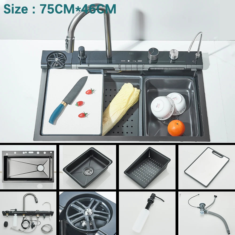 304 Stainless Steel Waterfall Kitchen Sink with Digital Display