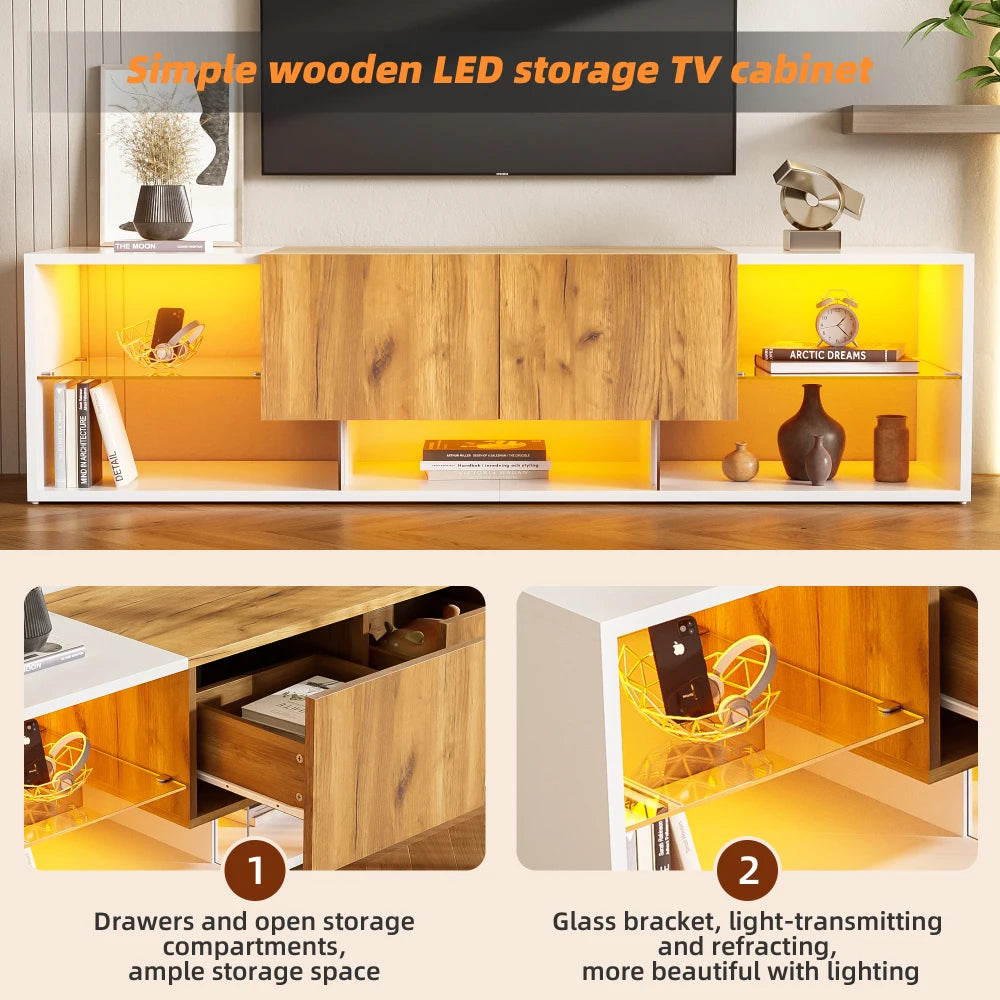Ye TV Stand with 2 Drawers, LED Media Console Sideboard, 160 x 40 x 42cm, Wood & White, for 70 Inch TV