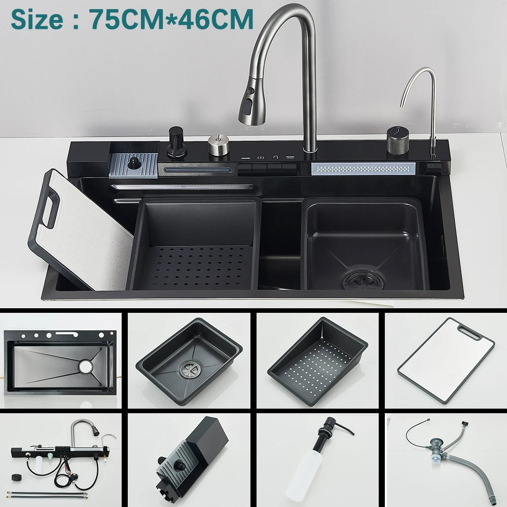 304 Stainless Steel Waterfall Kitchen Sink with Digital Display