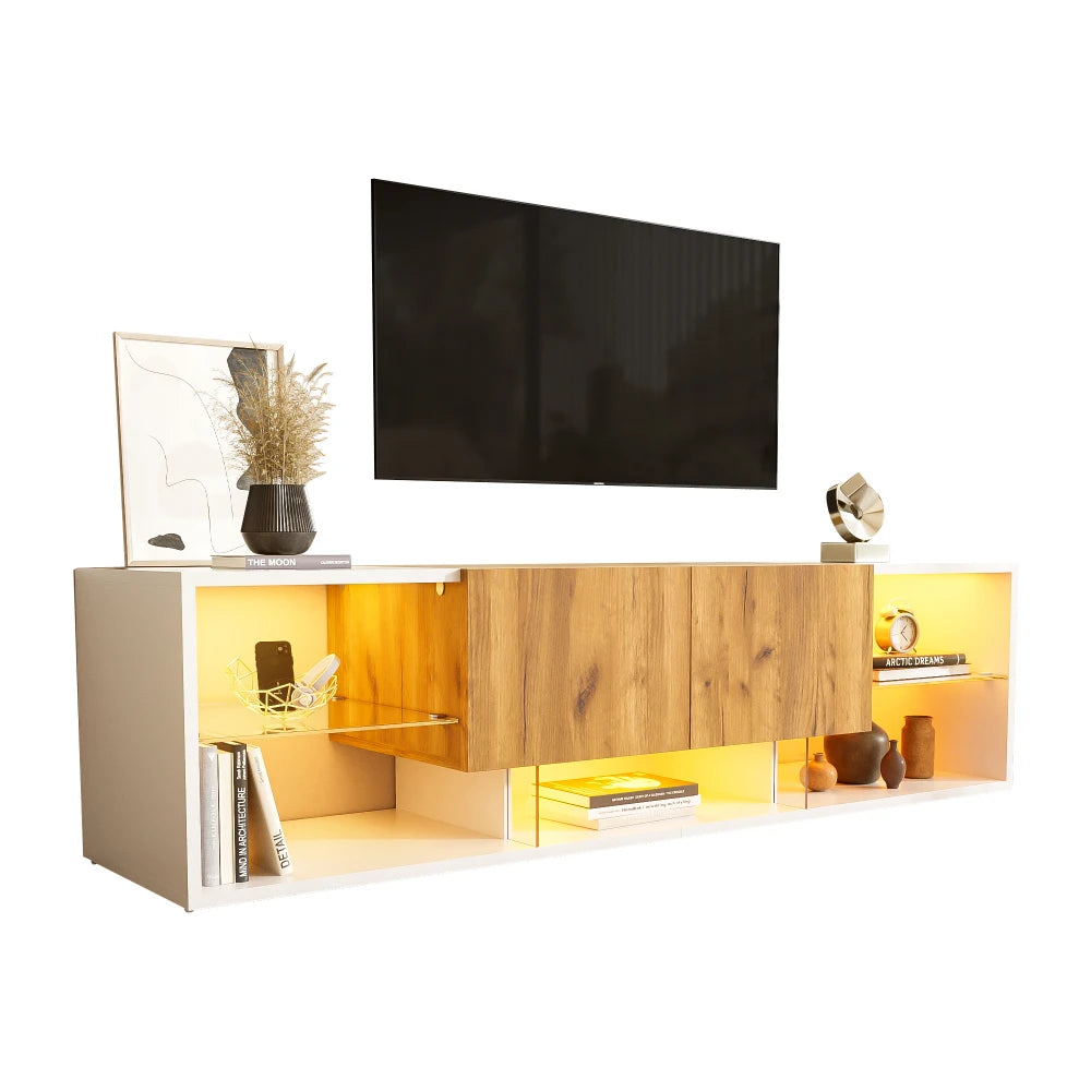 Ye TV Stand with 2 Drawers, LED Media Console Sideboard, 160 x 40 x 42cm, Wood & White, for 70 Inch TV