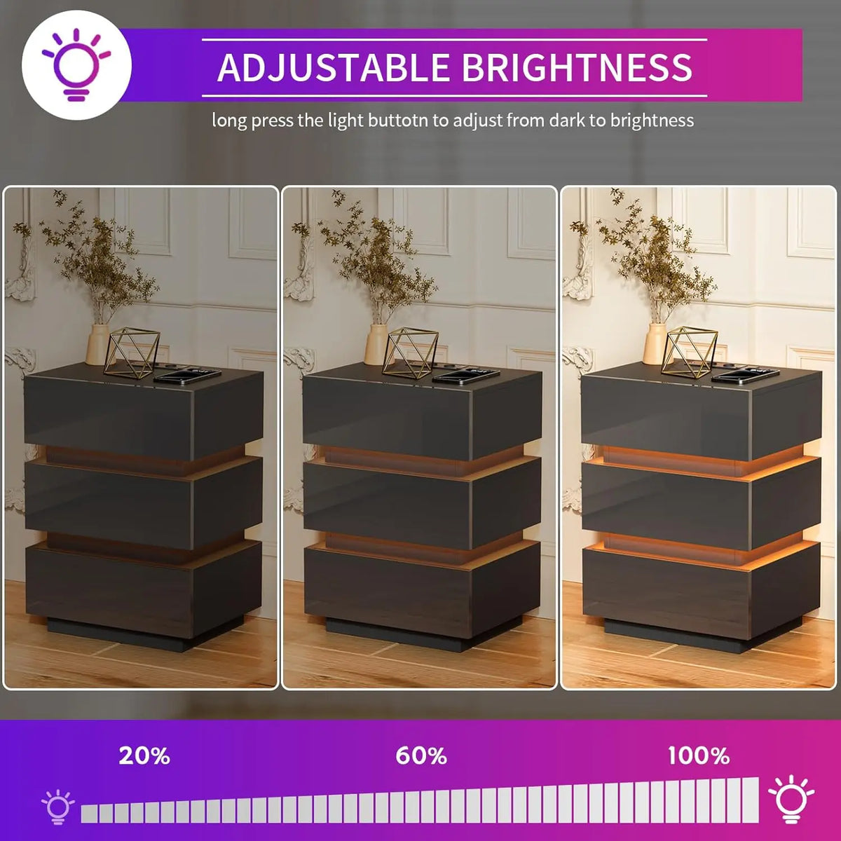 3 Drawer Bedside Table with LED Light & Power Outlets