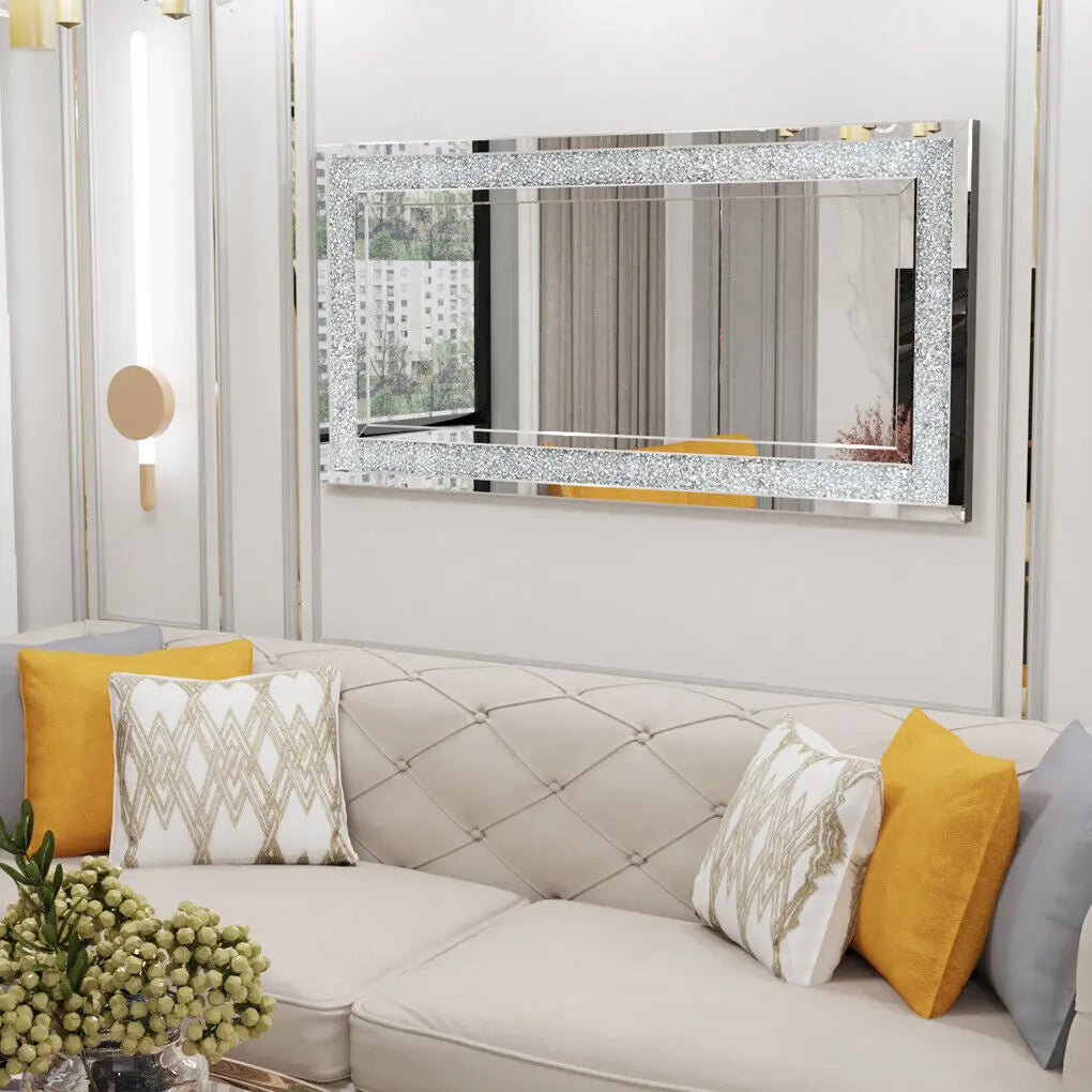 Large Silver Crushed Diamond Wall Mirror, Sparkly Crystal Vanity & Dressing Mirror, 120 x 60 cm