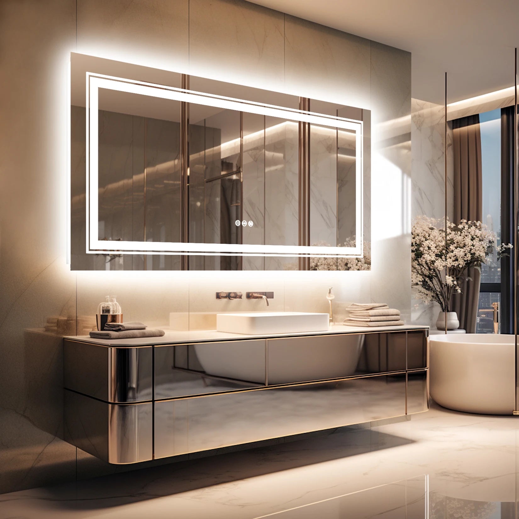 Large Rectangle LED Bathroom Mirror – Dimmable, Anti-Fog, Backlit & Front-Lit