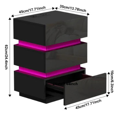 3 Drawer Bedside Table with LED Light & Power Outlets