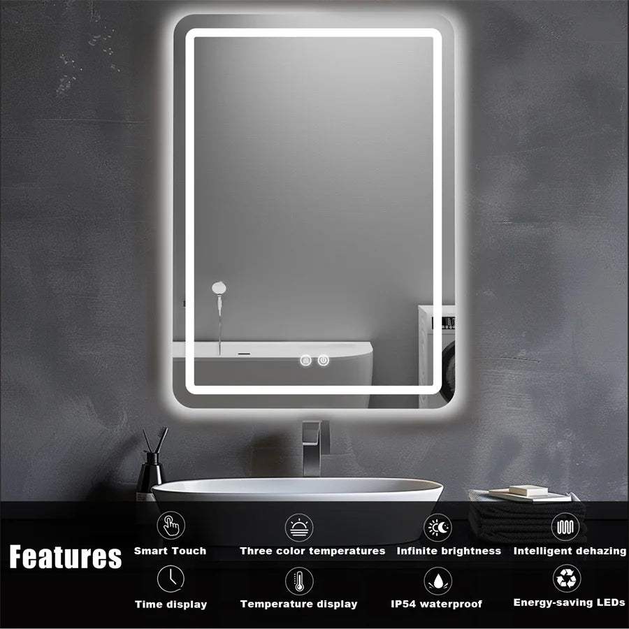 Wall-Mounted LED Bathroom Mirror – IP54 Waterproof, Touch Switch & Dimmable | 3 Sizes