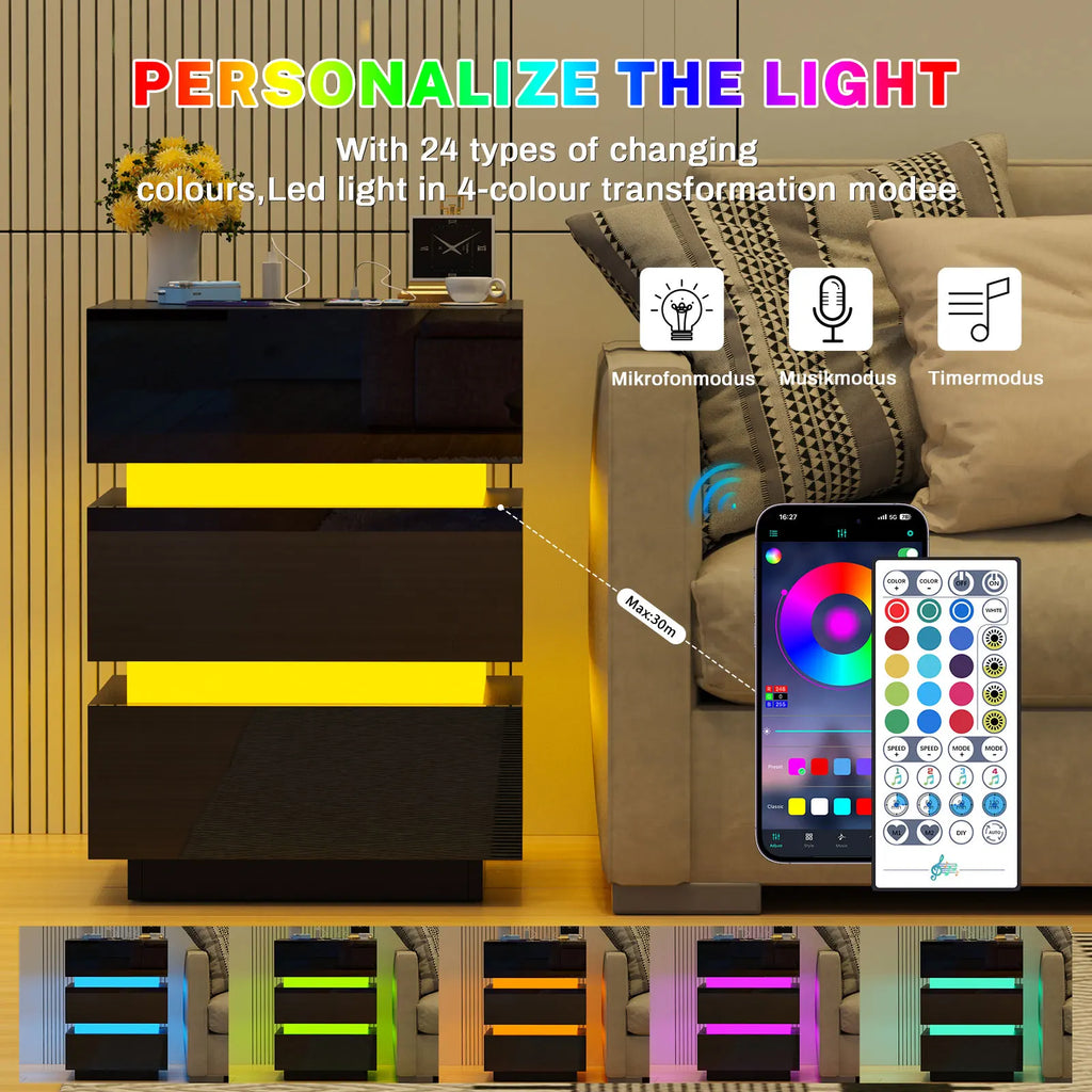 3 Drawer Bedside Table with LED Light & Power Outlets