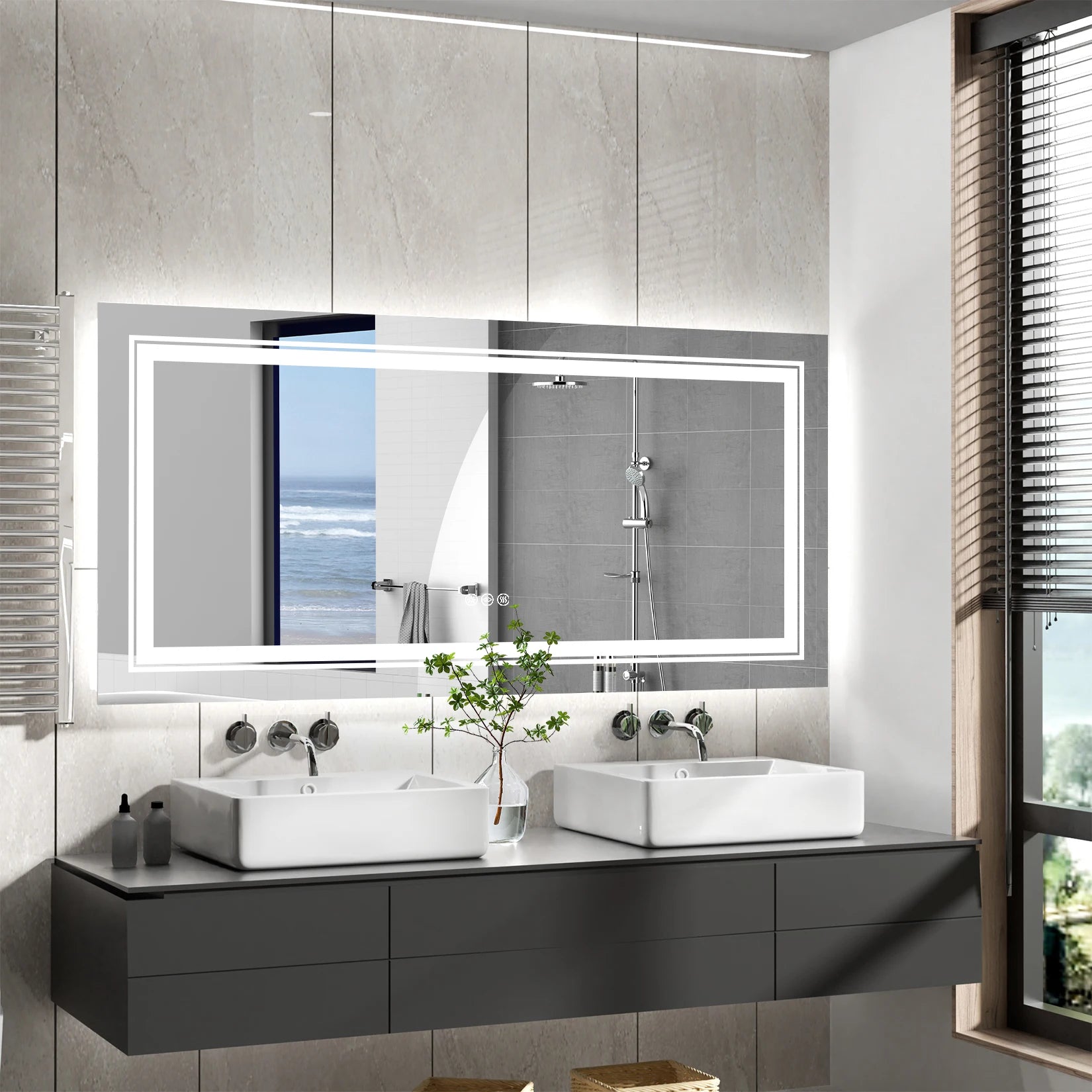 Large Rectangle LED Bathroom Mirror – Dimmable, Anti-Fog, Backlit & Front-Lit