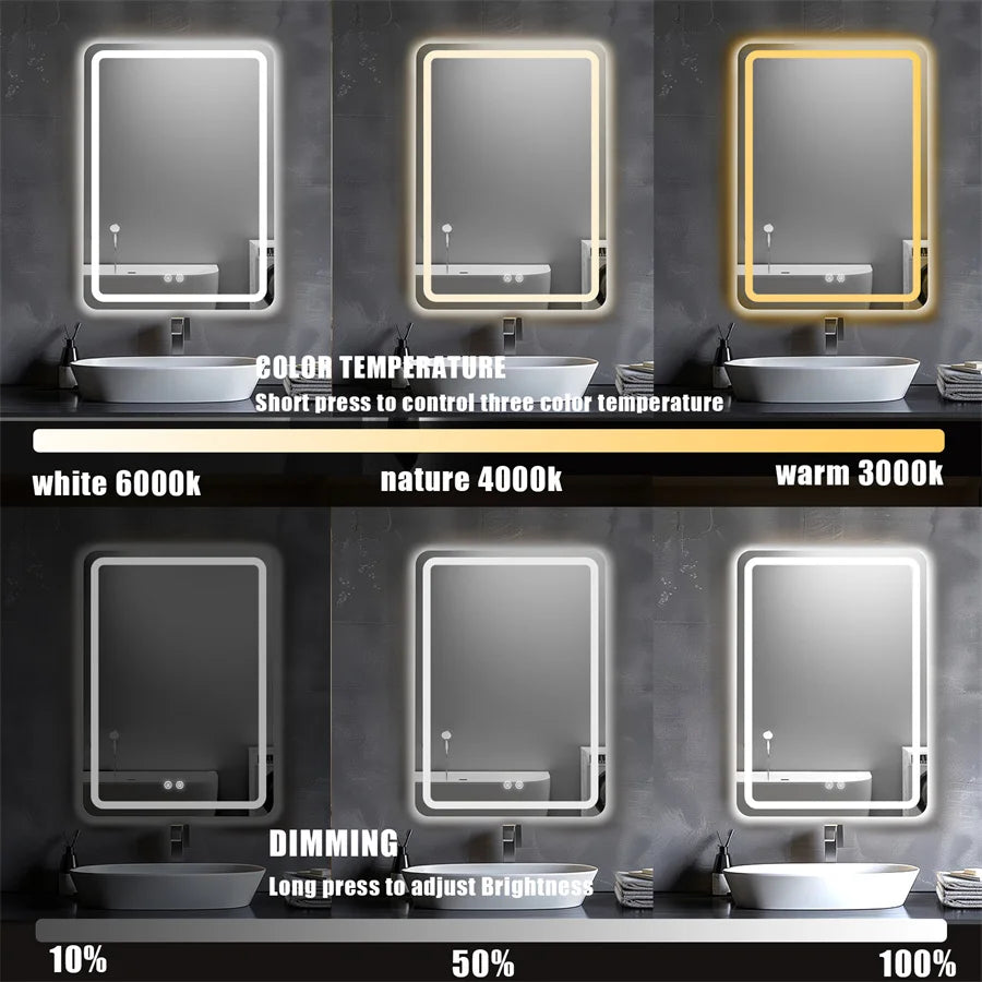 Wall-Mounted LED Bathroom Mirror – IP54 Waterproof, Touch Switch & Dimmable | 3 Sizes