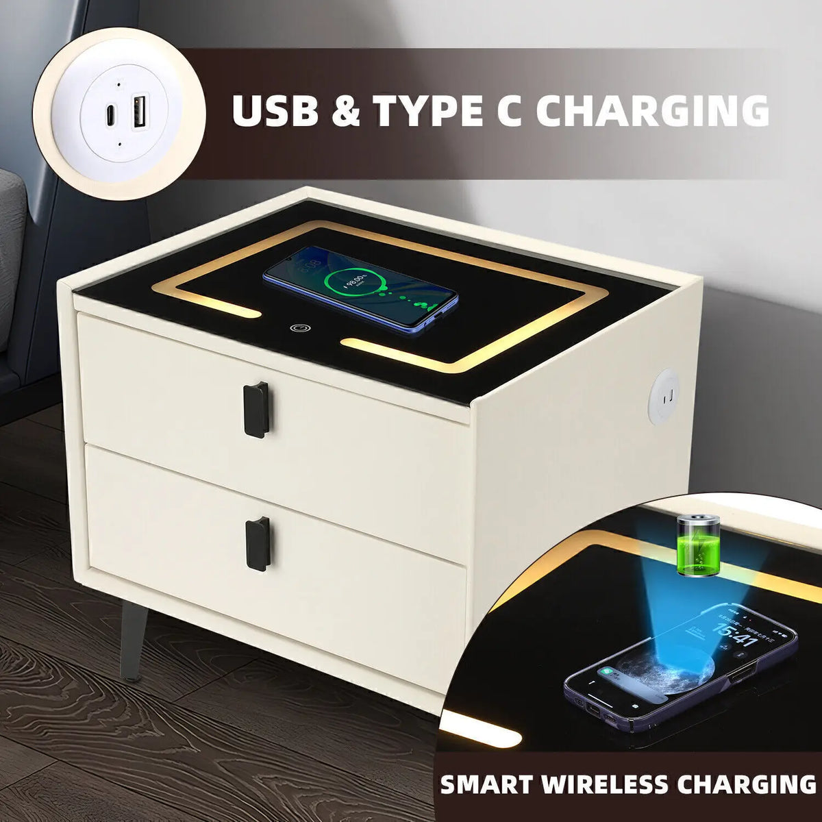 Smart LED Bedside Table with Wireless Charging & 2 Drawers