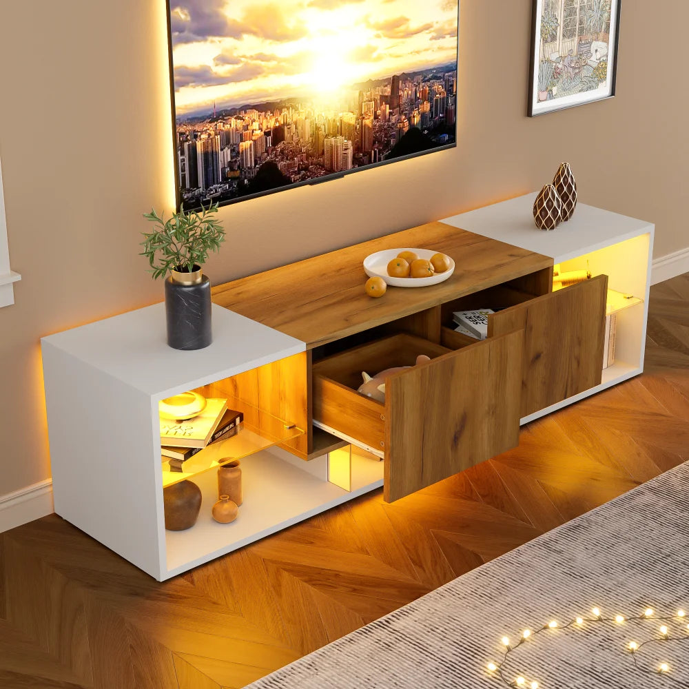Ye TV Stand with 2 Drawers, LED Media Console Sideboard, 160 x 40 x 42cm, Wood & White, for 70 Inch TV