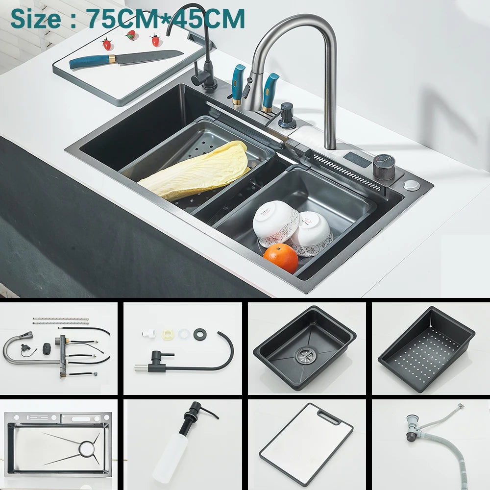 304 Stainless Steel Waterfall Kitchen Sink with Digital Display