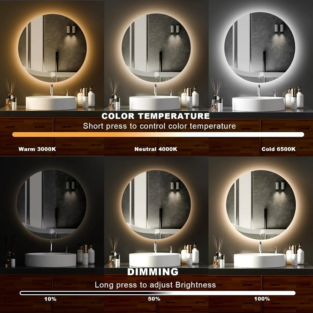 Round LED Bathroom Mirror 50cm | Backlit Vanity Mirror with Dimmable Lights