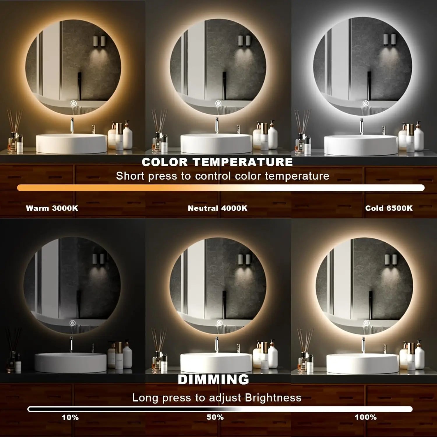 Round LED Bathroom Mirror 50cm | Backlit Vanity Mirror with Dimmable Lights
