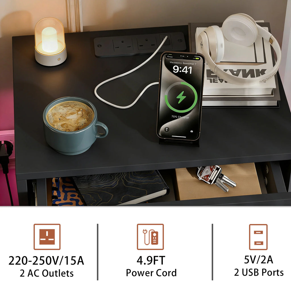3 Drawer Bedside Table with LED Light & Power Outlets