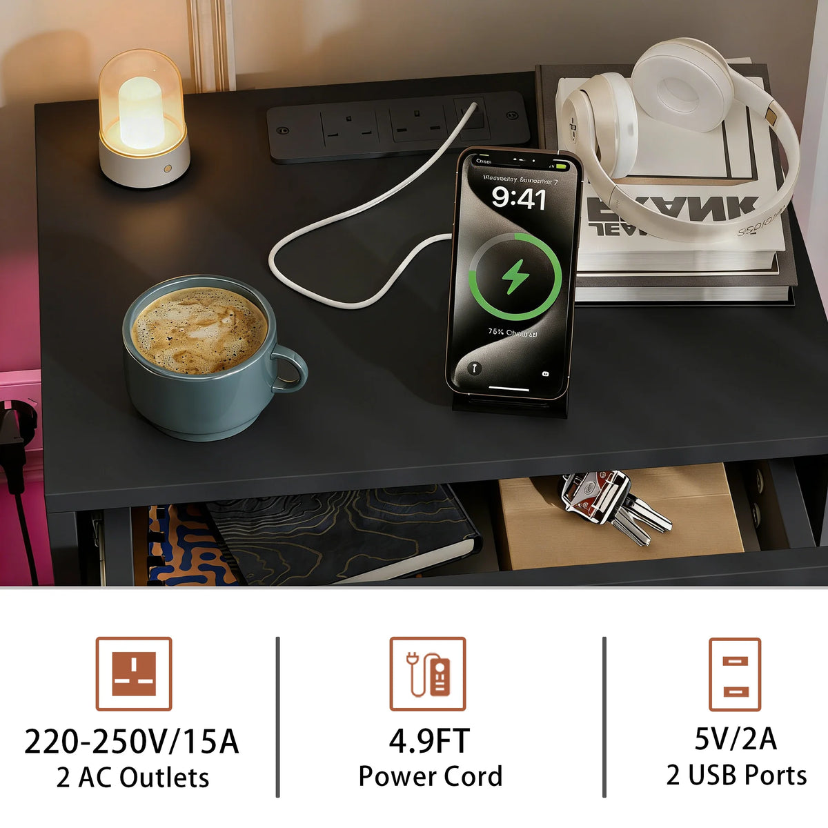 3 Drawer Bedside Table with LED Light & Power Outlets