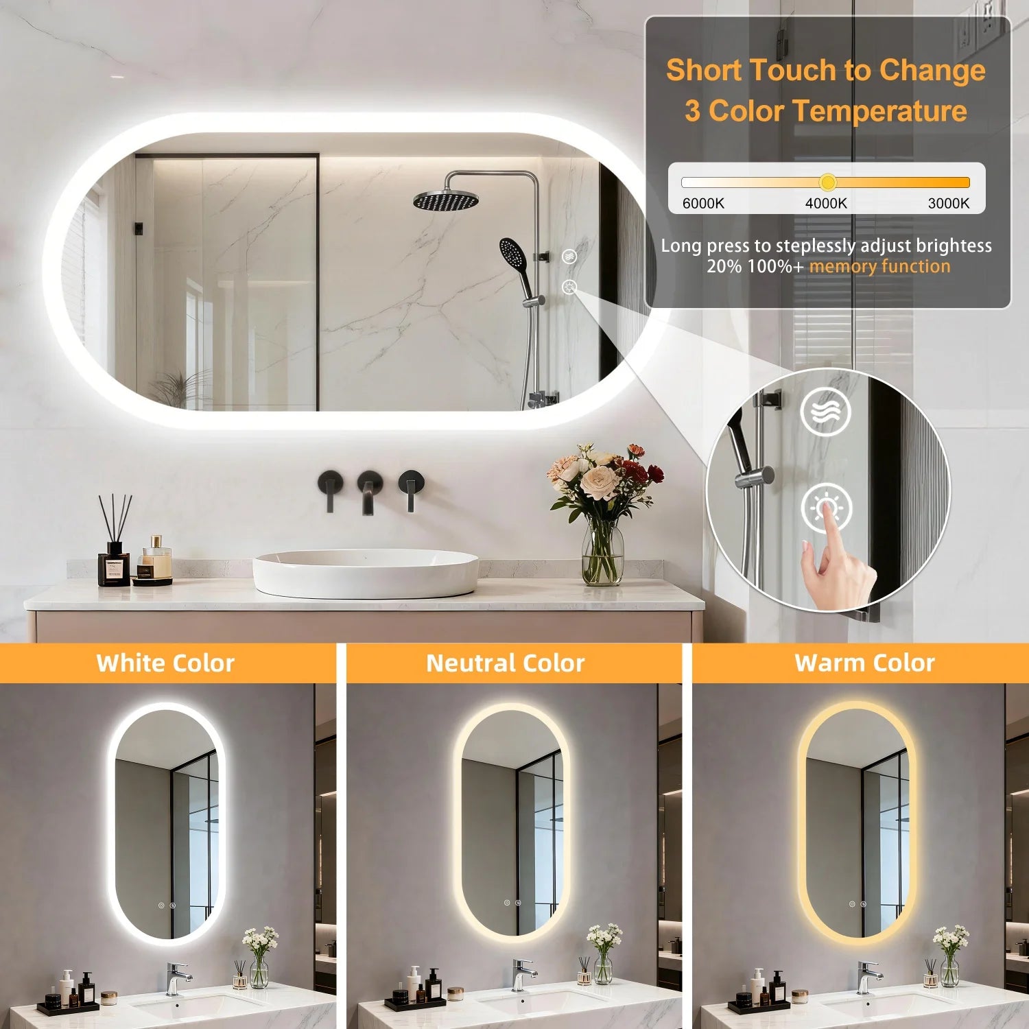 Oval LED Bathroom Mirror – Backlit, Anti-Fog & Touch Sensor | 3 Sizes