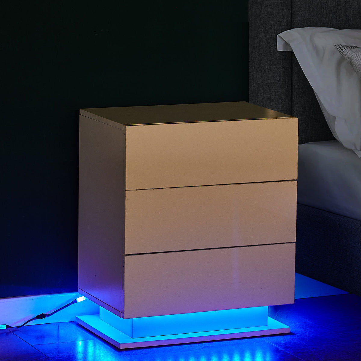 Mario LED Bedside Table | 3 Drawers | High Gloss | White & Black
