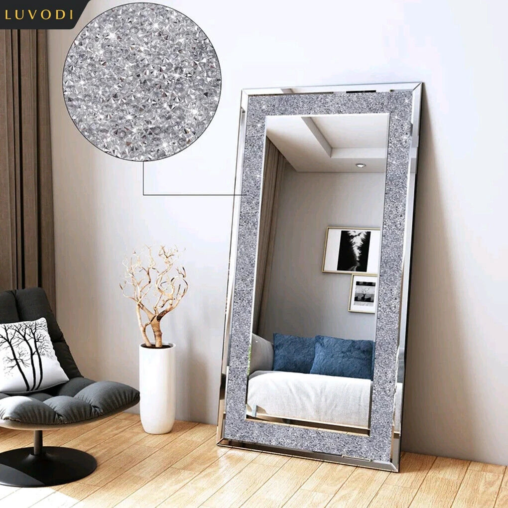 Large Silver Crushed Diamond Wall Mirror, Sparkly Crystal Vanity & Dressing Mirror, 120 x 60 cm