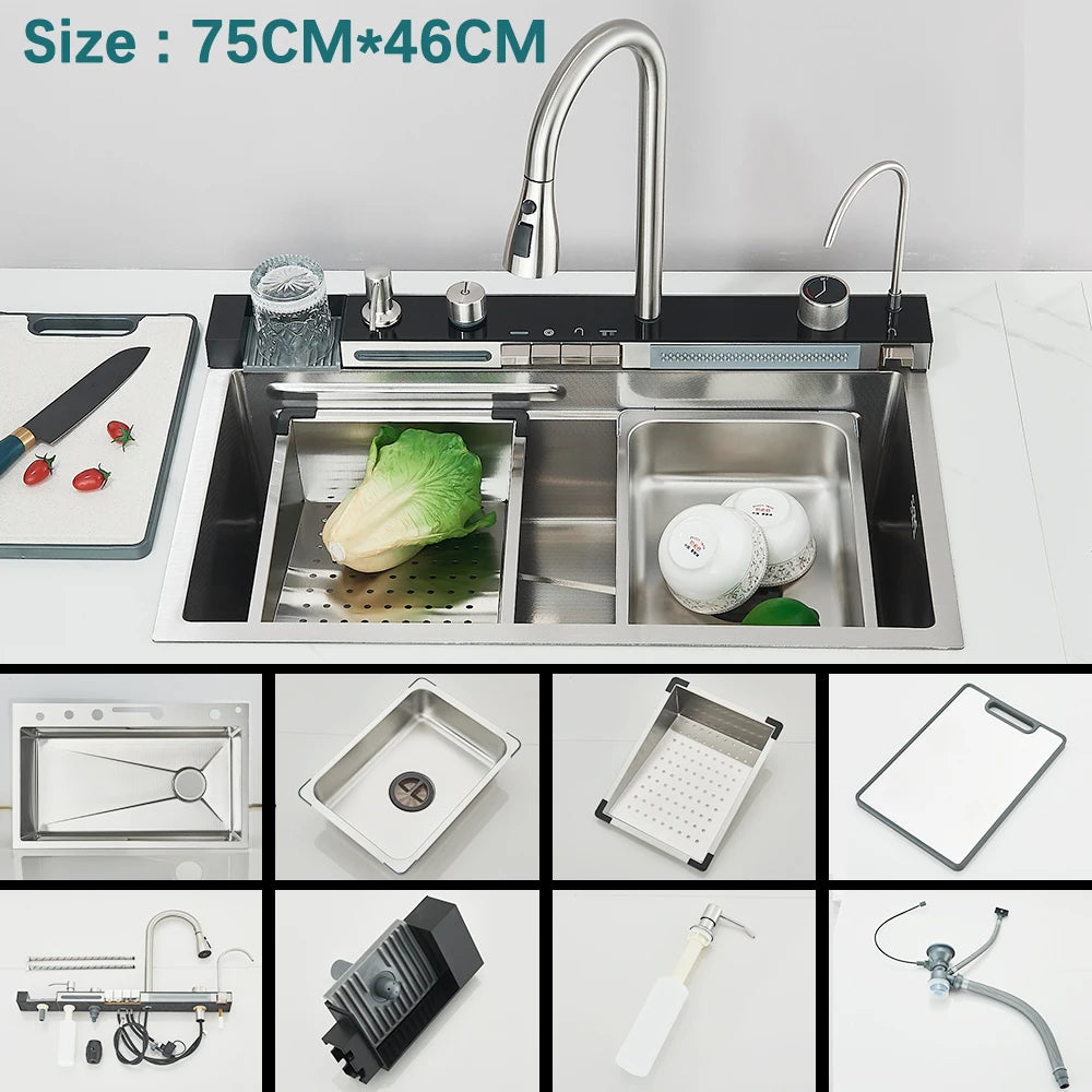 304 Stainless Steel Waterfall Kitchen Sink with Digital Display