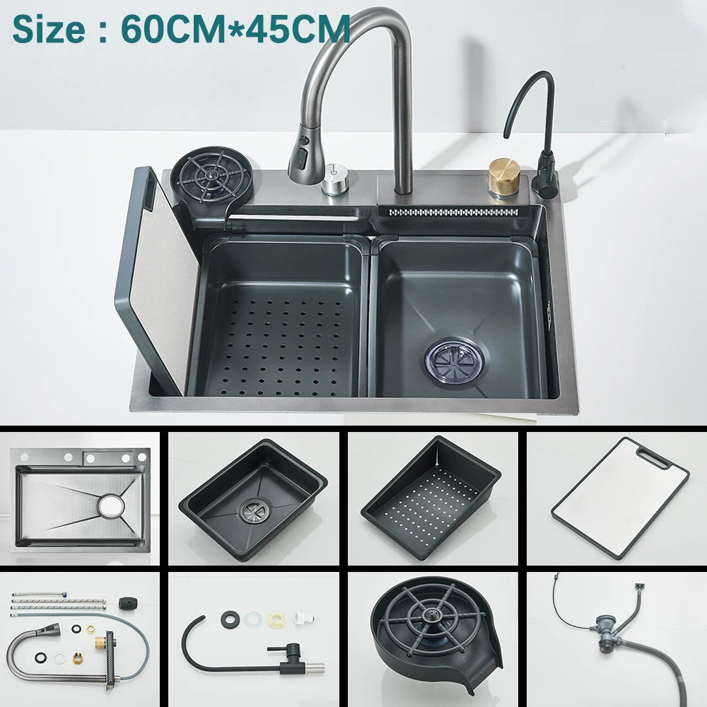 304 Stainless Steel Waterfall Kitchen Sink with Digital Display