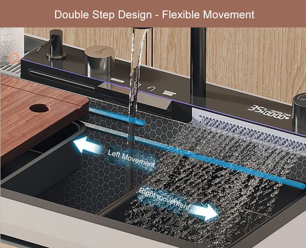 304 Stainless Steel Waterfall Kitchen Sink with Digital Display
