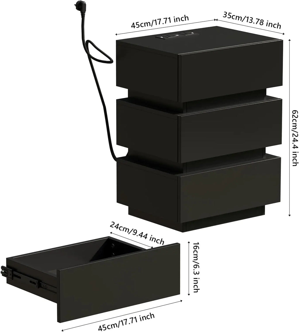 3 Drawer Bedside Table with LED Light & Power Outlets