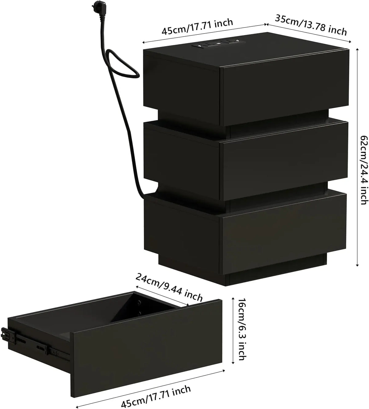 3 Drawer Bedside Table with LED Light & Power Outlets