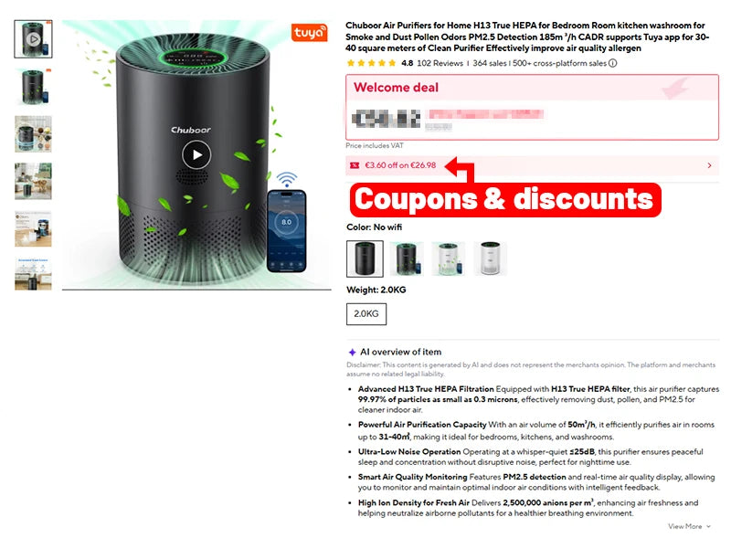 Smart WiFi Air Purifier – H13 HEPA, App & Alexa Control, PM2.5 Monitor | Pet & Home