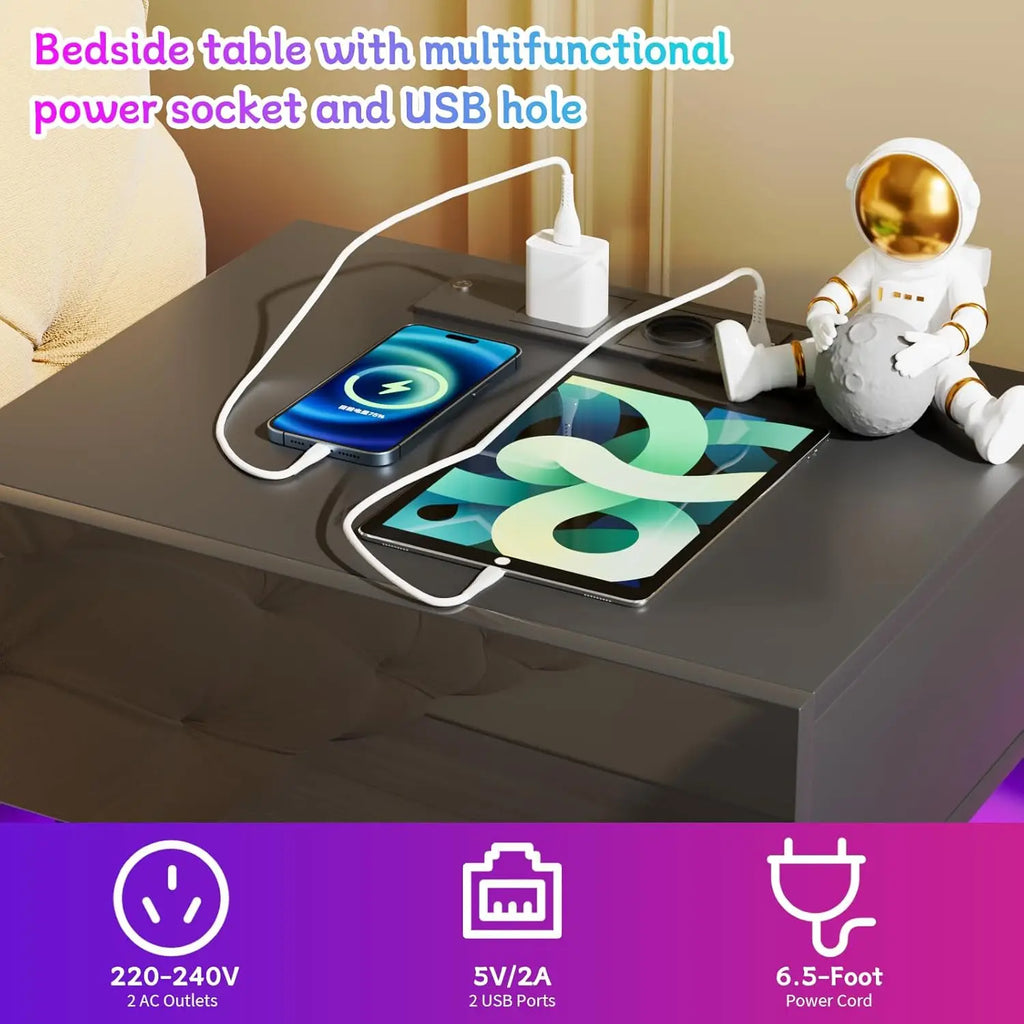 3 Drawer Bedside Table with LED Light & Power Outlets