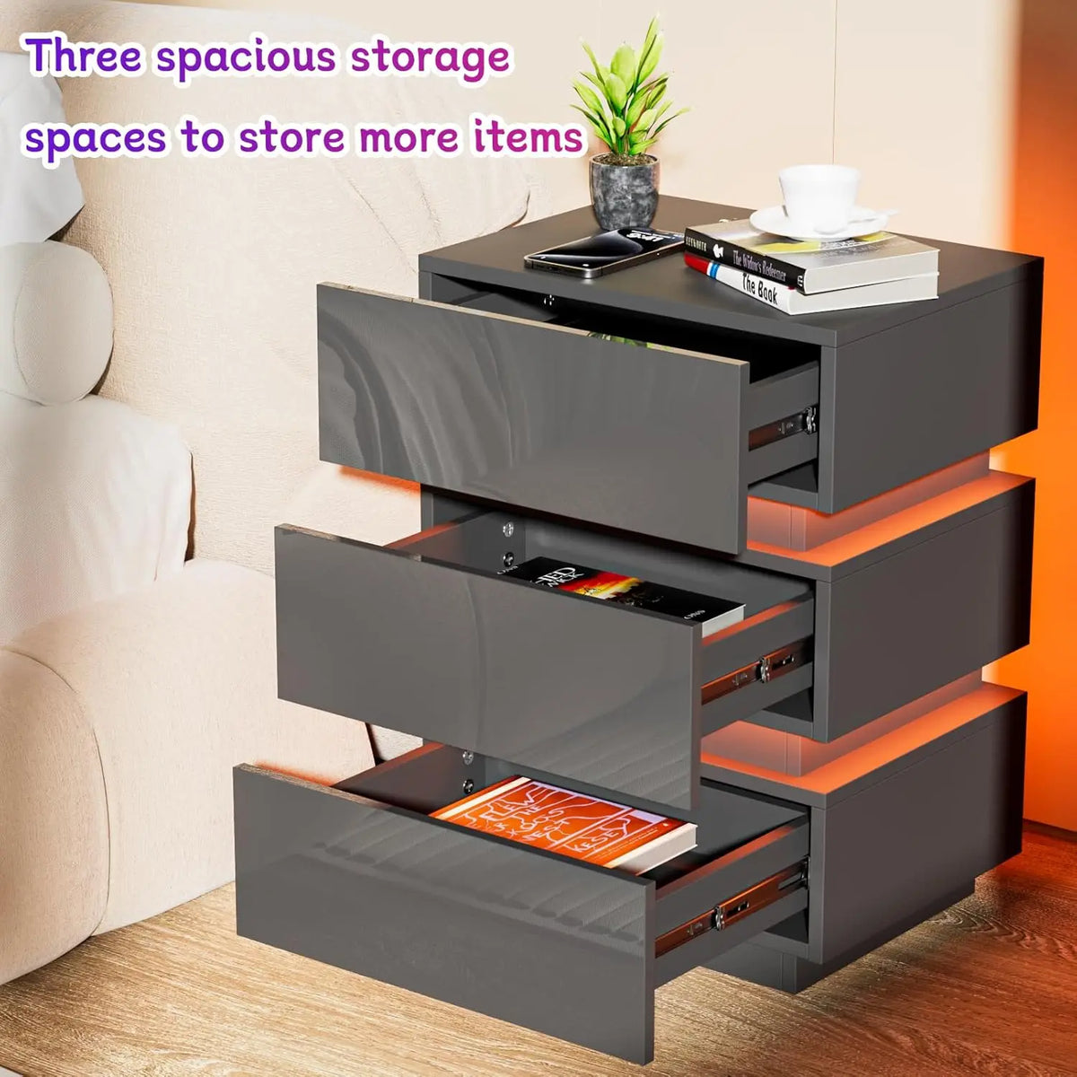 3 Drawer Bedside Table with LED Light & Power Outlets