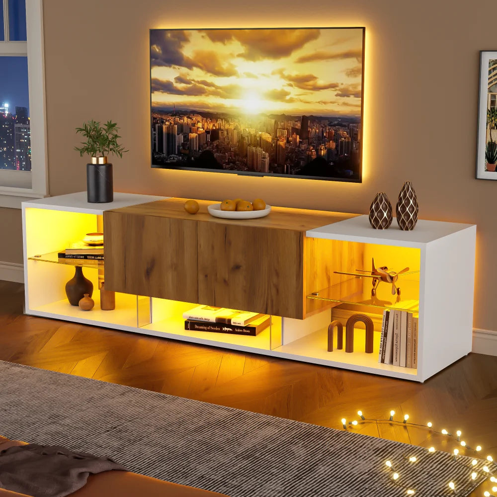 Ye TV Stand with 2 Drawers, LED Media Console Sideboard, 160 x 40 x 42cm, Wood & White, for 70 Inch TV