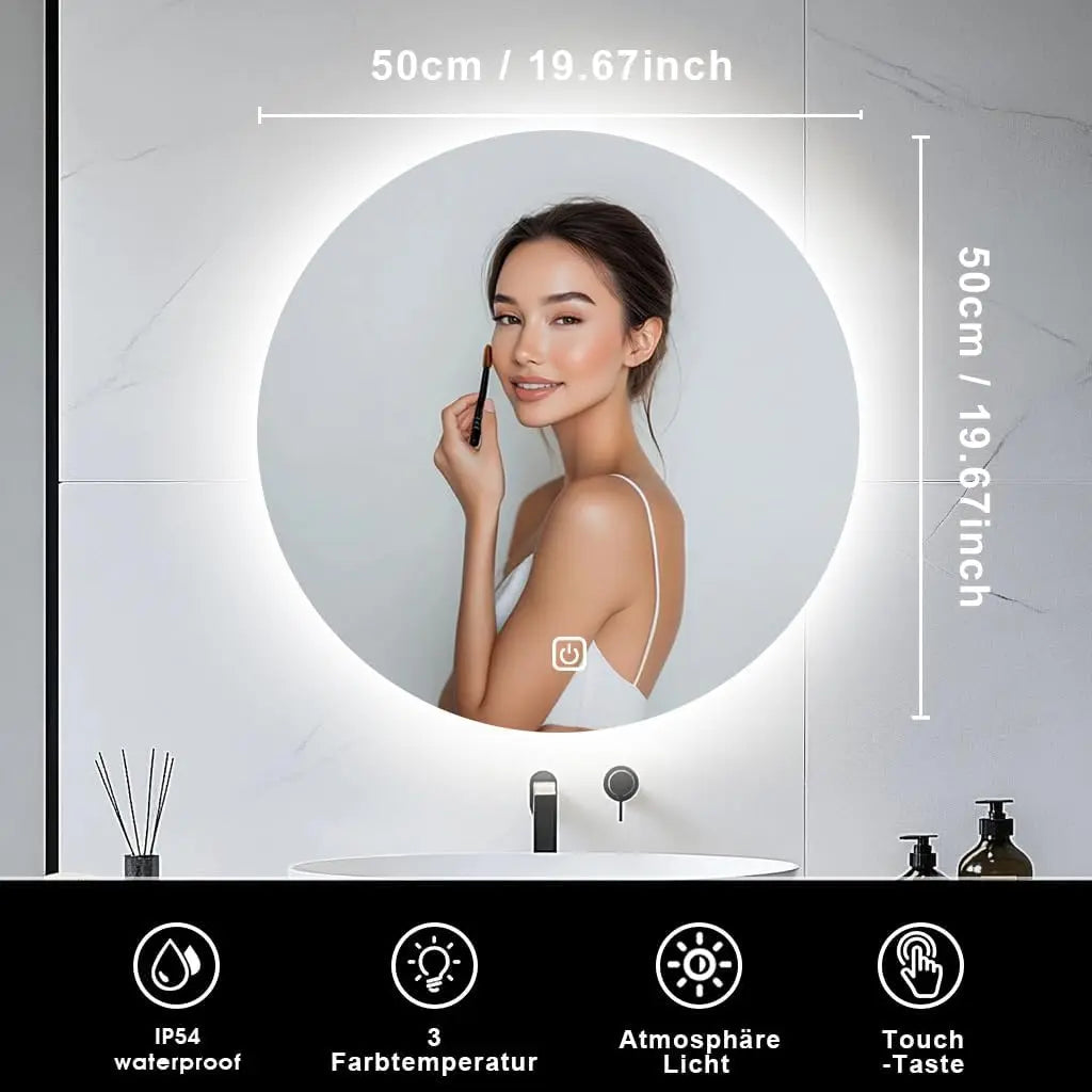 Round LED Bathroom Mirror 50cm | Backlit Vanity Mirror with Dimmable Lights
