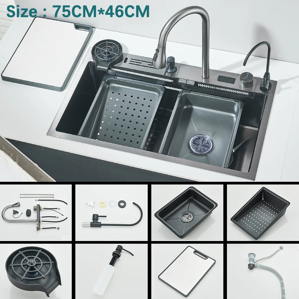 304 Stainless Steel Waterfall Kitchen Sink with Digital Display