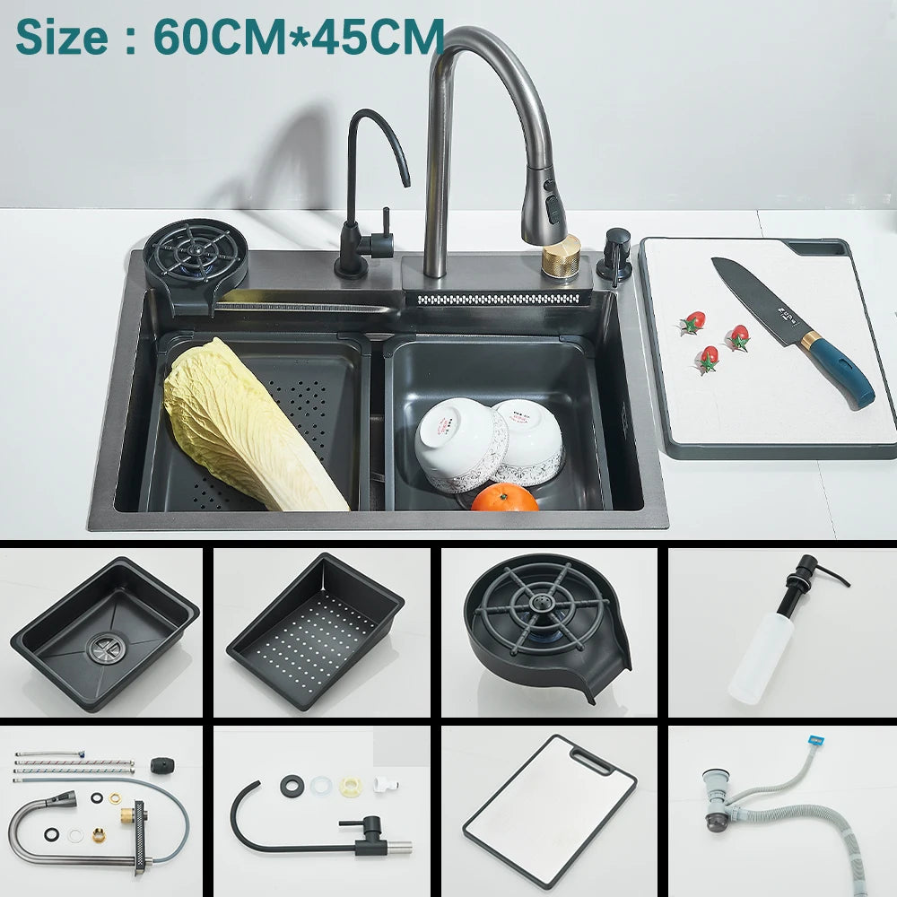 304 Stainless Steel Waterfall Kitchen Sink with Digital Display