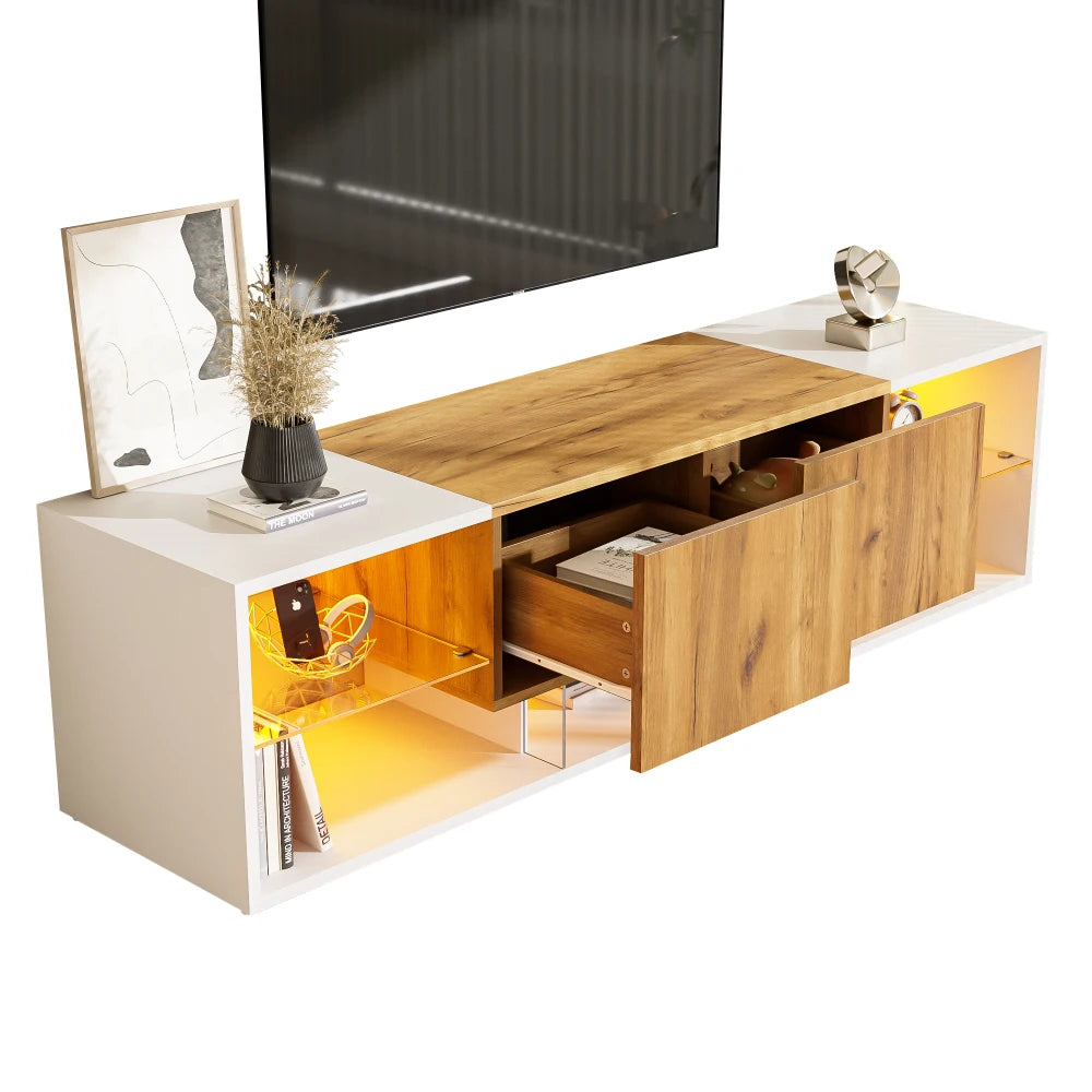 Ye TV Stand with 2 Drawers, LED Media Console Sideboard, 160 x 40 x 42cm, Wood & White, for 70 Inch TV