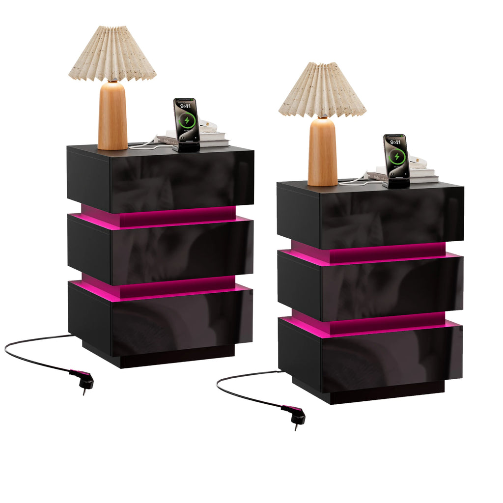 3 Drawer Bedside Table with LED Light & Power Outlets