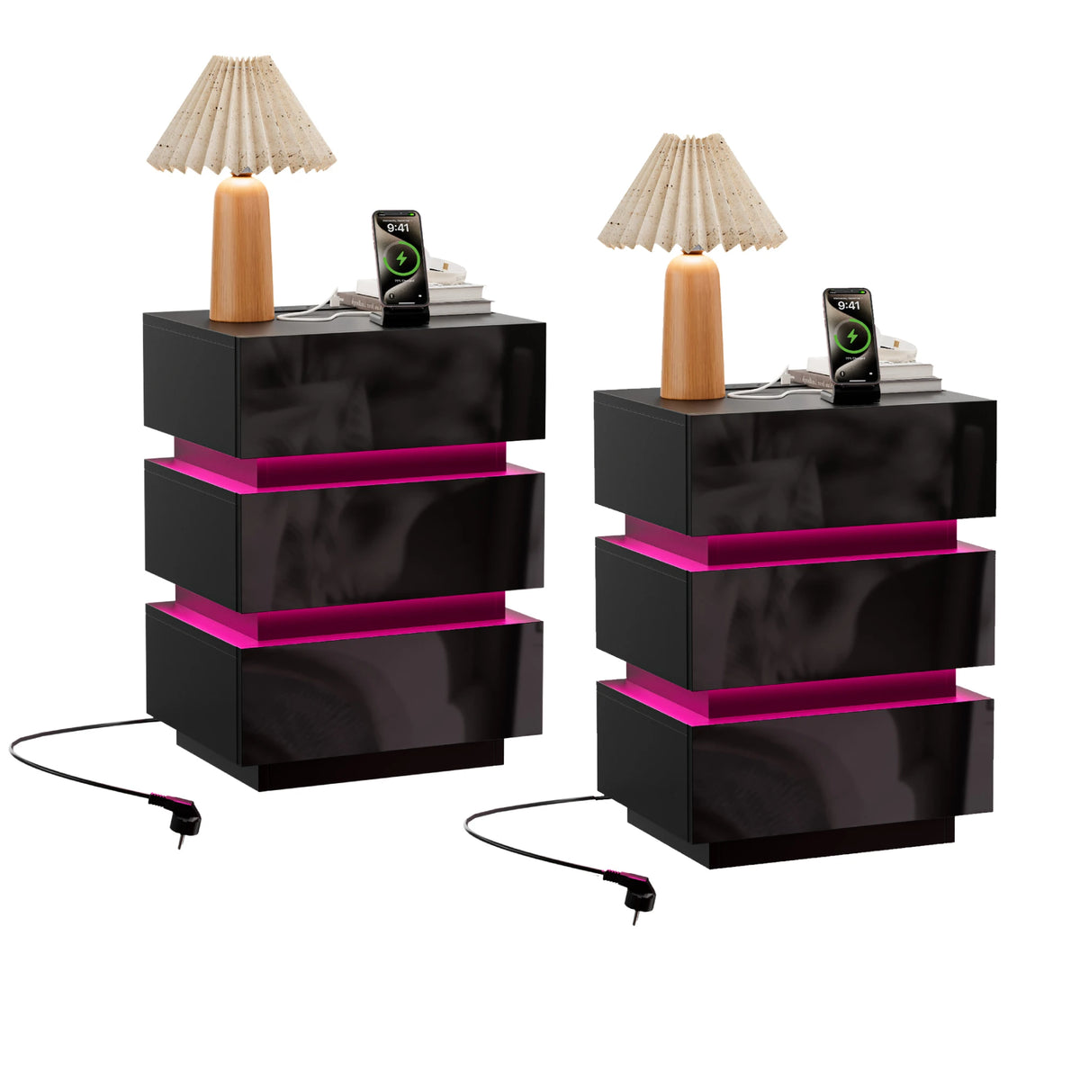 3 Drawer Bedside Table with LED Light & Power Outlets