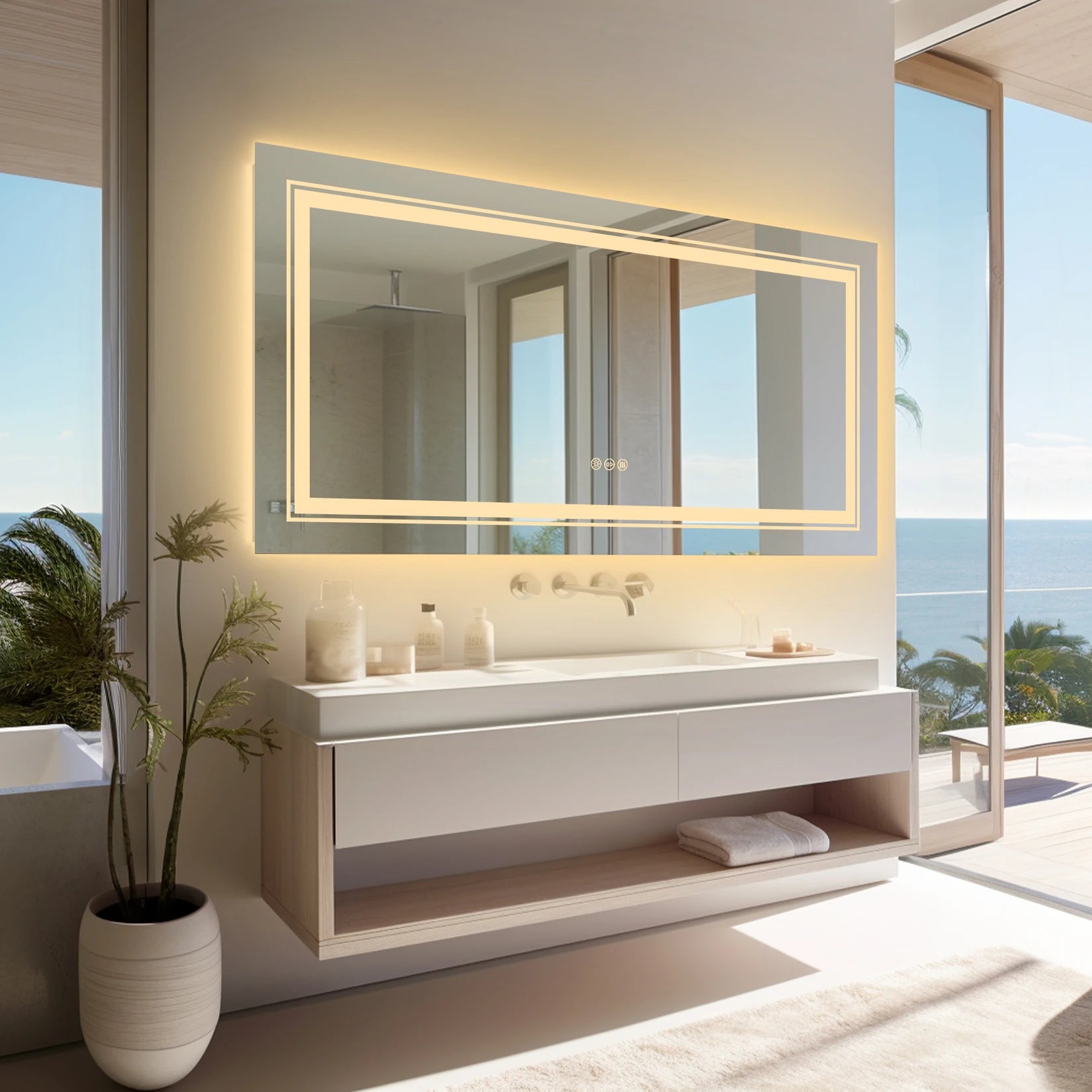 Large Rectangle LED Bathroom Mirror – Dimmable, Anti-Fog, Backlit & Front-Lit